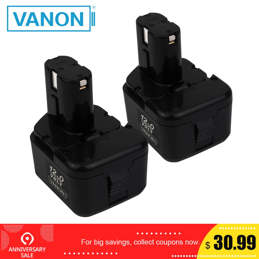 

VANON 2pcs Power Tools Battery For Hitachi EB1212S 12V 2000mAh 2.0Ah NI-CD EB1214S EB1220BL WR12DMR CD4D DH15DV C5D DS 12DVF3