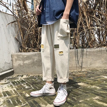 

Summer New Tooling Pants Men Fashion Straight Casual Hole Patch Patching Pants Street Wild Hip Hop Loose Joggers Sweatpants