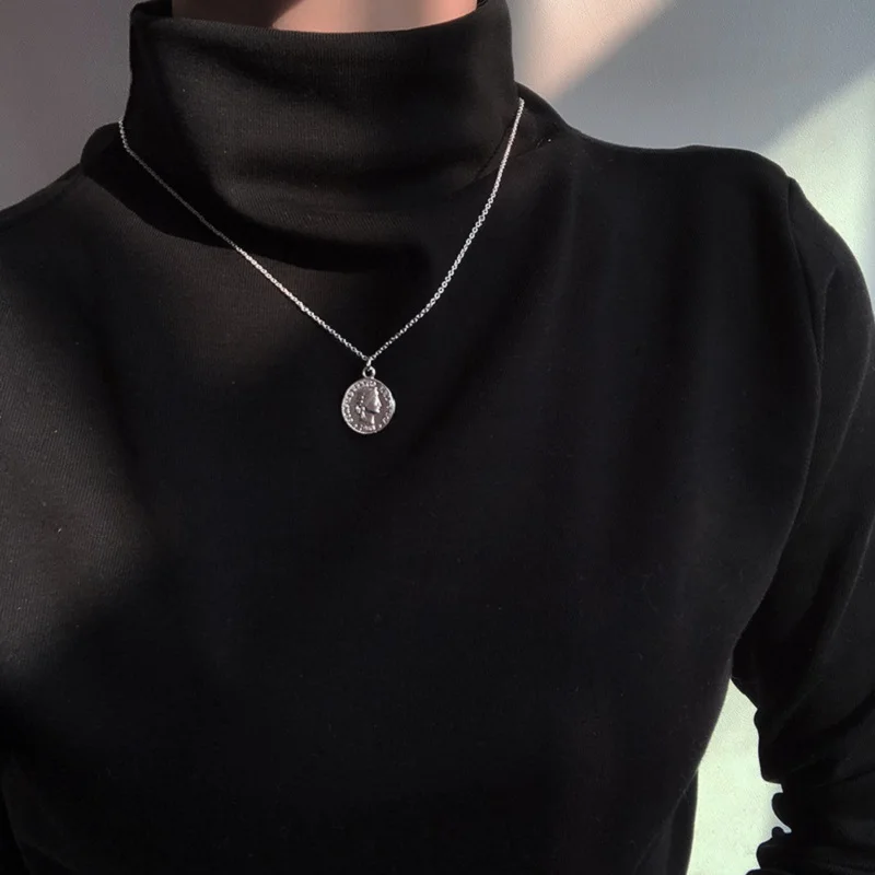 

New 2019 Funny Retro Gold & Silver Color Portrait Coin Pendant Choker Necklace 46cm Short Sweater Necklaces for Women Jewelry