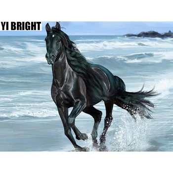 

Diamond Mosaic Cross Stitch Kits Diamond Painting Animal"Black Horse Run In Seaside" 5D Diamond Painting Full Home Decoration GT