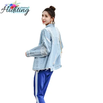 

Shredded Denim Jackets Women 2019 Spring Autumn New Loose Asymmetry Leisure Tops Single-Breasted Fashion Female Outerwear WIN71