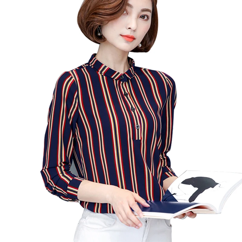 polyester turn down collar printed striped long sleeve blouses