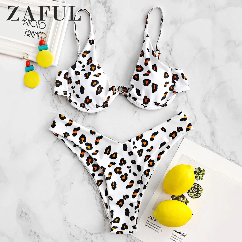 ZAFUL Leopard High Cut Underwire Bikini Set Padded Sexy Summer Swimwear Women Push Up Print Swimming Suit |