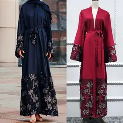 Мусульманские открыть платья абайя Дубай Кафтан арабских Ислам для женщин турецкий кружево лоскутное 3D фауэр кардиганы Рамадан ислам