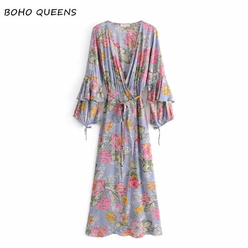 

Vintage fashion floral print beach long Bohemian dresses Ladies V-neck Tassel Maxi dress Summer Boho dress women