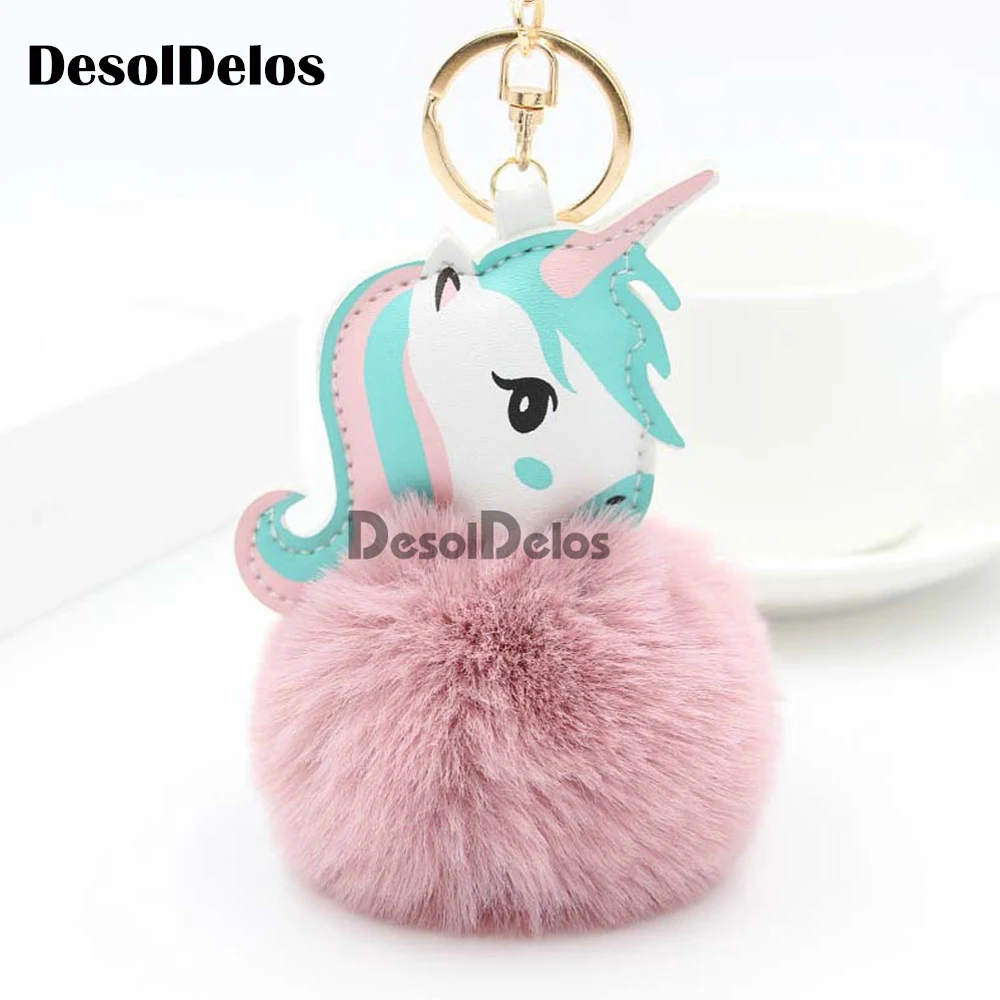 

Pom Unicorn Keychain Rabbit Fur Ball Horse Key chain porte clef holder fluffy pompon Bag Car Key Ring For Women Accessories