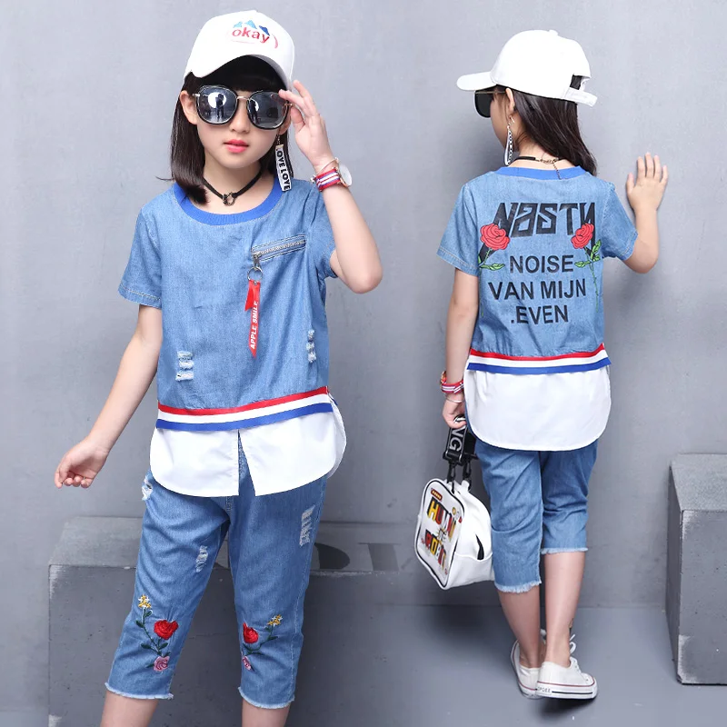 

Feiluo 2019 Baby girls Clothes flower patchwork Jeans Set girls Jeans T-Shirt + pants set kids Clothing TTX101 girl clothing
