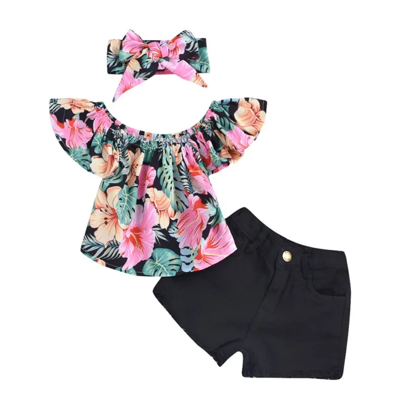 

NewSummer Children Baby Girls Casual Floral Pattern Off Shoulder Sleeve Tops Blouse+Shorts+Headband Suits Costume Set