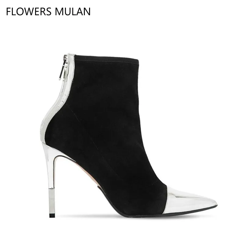 

Mixed Color Heel Patchwork Silver leather Pointed Toe Black Suede Upper Women Ankle Boots Chic Pointed Toe Back Zipper Shoes