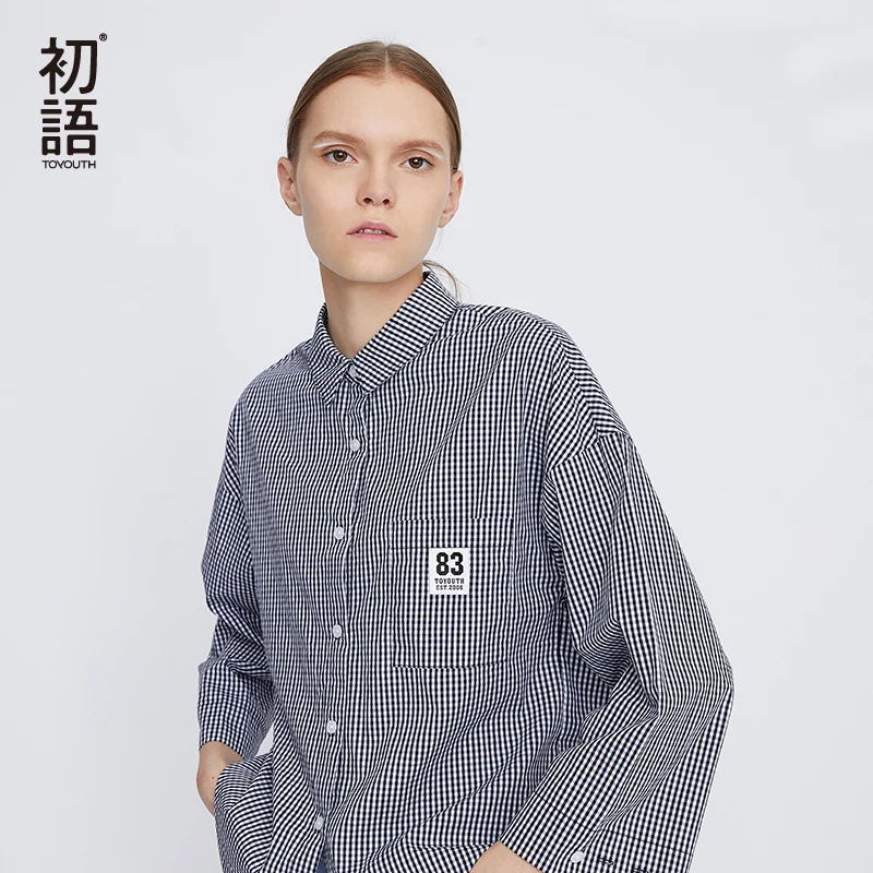  Toyouth Turn Collar Plaid Blouse Casual Loose Women Blouses Plus Size Long Sleeve Cotton Shirt Blus