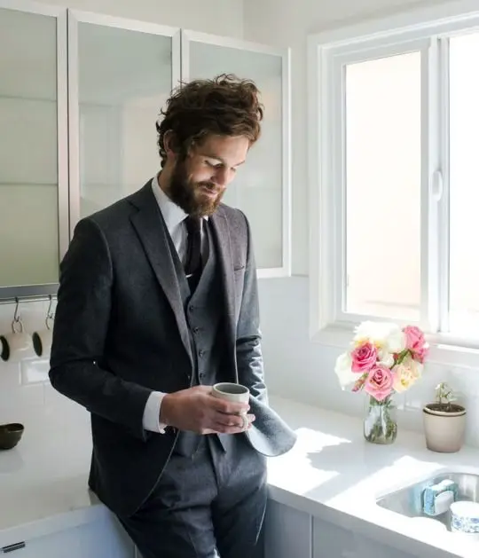 

Latest Coat Pant Designs Grey Tweed Men Suit Formal Slim Fit Suits Skinny Custom Made Men Tuxedo 3 Pieces Traje Novio S