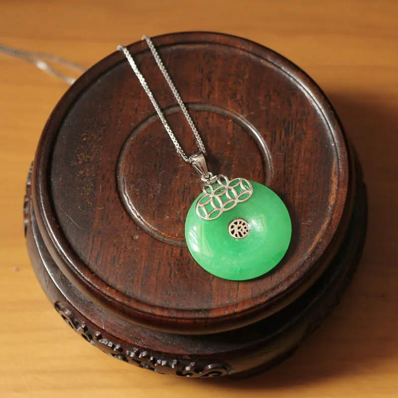 Wealth Meaning Chinese Pattern Pendant Necklaces 925 Sterling Silver Green Nature Stone Elegant 