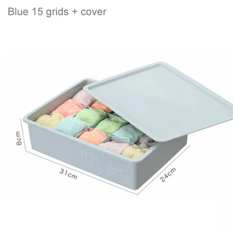 Коробка для хранения нижнего белья с крышкой 10/15 сетки для домашнего гардероба ящик шкафа Органайзер чехол для носков трусики бюстгалтеры - Цвет: Blue 15 grids
