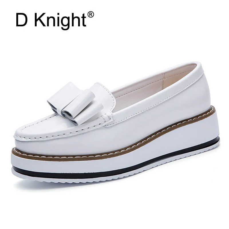 

New Ladies Casual Genuine Patent Leather Loafer Fashion Bow Round Toe Slip-on Cow Leather Platform Flats For Women Size 35-40