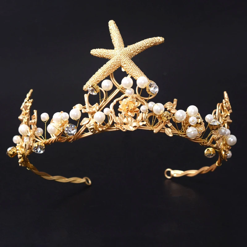 Винтажная Золотая Морская звезда, Свадебные короны, свадебная тиара из жемчуга, свадебные украшения для волос, свадебные повязки на голову, женские вечерние головные уборы на выпускной