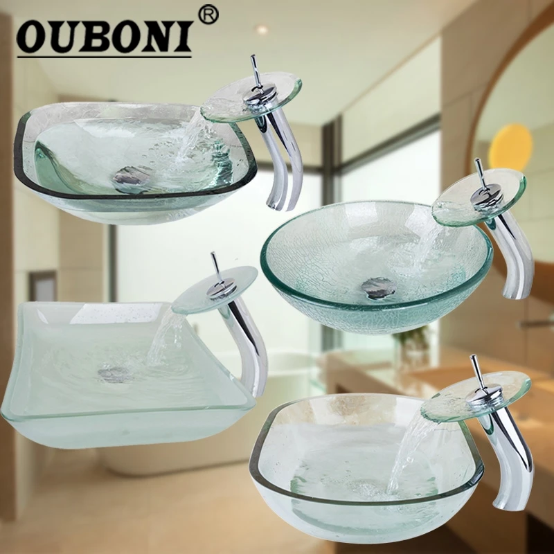 OUBONI раковина из закаленного стекла, полированная хромированная раковина для ванной комнаты, умывальник, круглая и прямоугольная раковина для ванны, комбинированный набор, Смеситель torneira