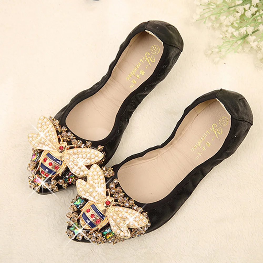 YOUYEDIAN ballerina Woman Plus Size Crystal Flat Shoes Comfortable Rhinestone Soft Bee sandalias mujer planas casual#G30