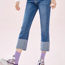 SEMIR, женские джинсы с высокой посадкой, с эффектом потертости, прямые джинсы для девочек, укороченные джинсы с подвернутым подолом, модные укороченные штаны