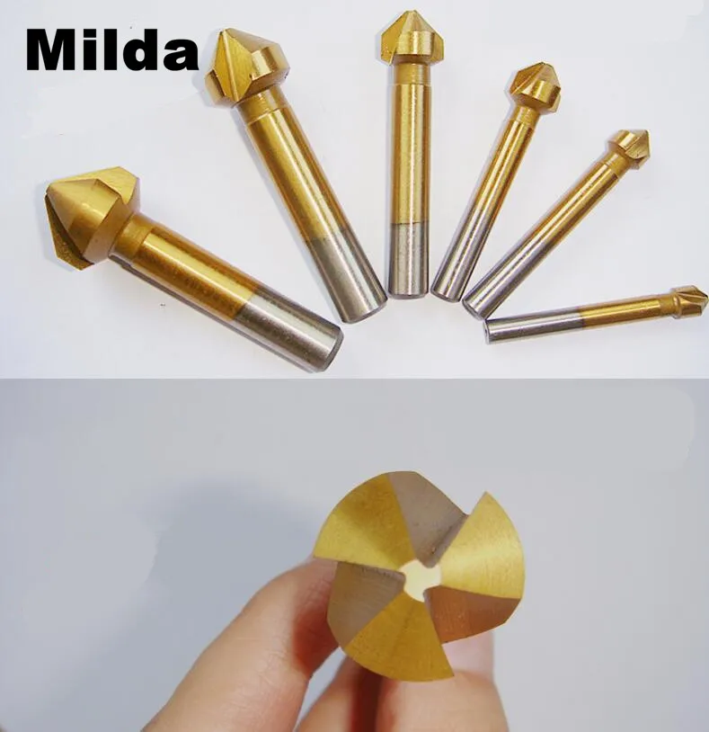 

Milda 6pcs 3 Flute 90 Degree Hss Chamfer Cutter Drilling End Mill Drill Counter Sink Titanium Coated Countersink Drill Bit