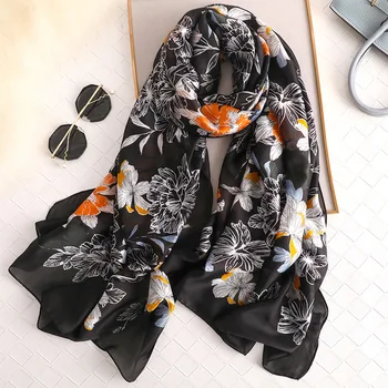

2019 Women Spain Brand Luxury Floral Silk Scarf Beach Shawl and Echarpe Wrap Designer Scarves Female Stoles Bandana Hijab Snood
