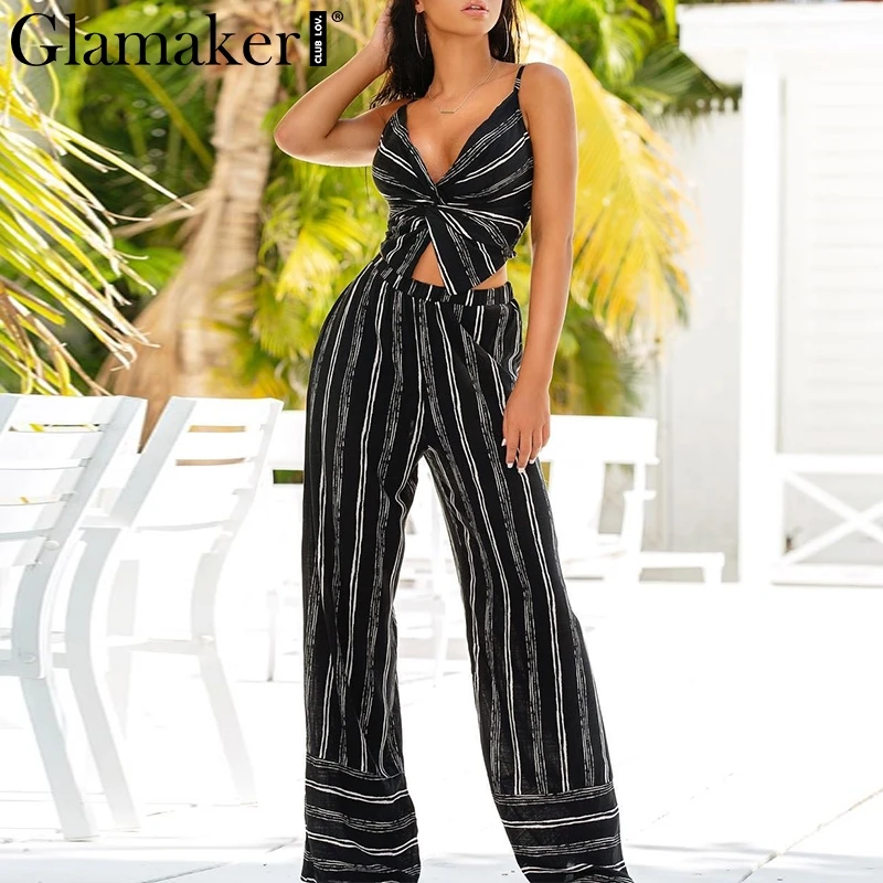 Glamaker Striped print pleated off shoulder two-piece suit long jumpsuit Women wide leg pants Office lady sexy casual overalls