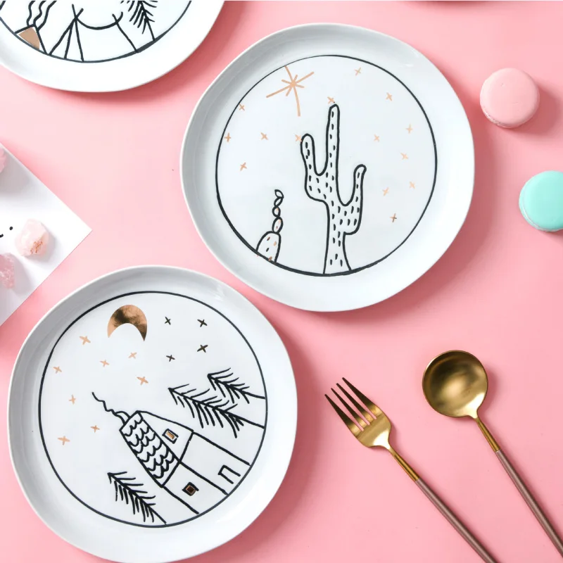 Ins популярный керамический контейнер обеденные тарелки мультфильм круглый японский стиль креативный 8 дюймов посуда и тарелки наборы суши десерты кухонные тарелки