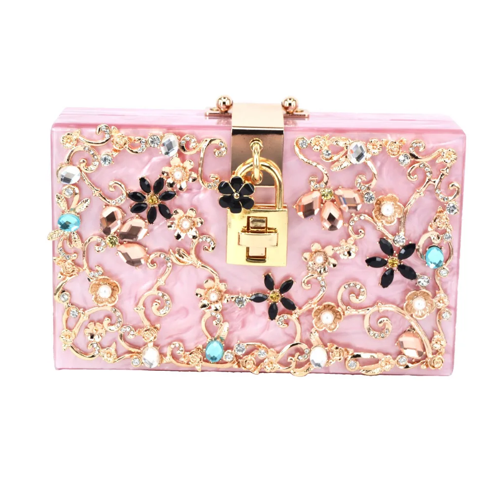 Women Brand Solid Pink Acrylic Box Clutch Mini Hardcase Metal Clutches