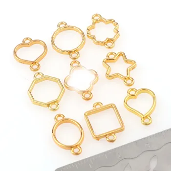 

20pc Mix Star Heart Round Flower Shape With 2 Holes Metal Hollow Gold DIY Frame Pendant Charm Setting DIY UV Resin Charm Epoxy