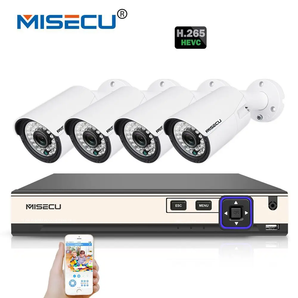 

MISECU H.265 4.0MP 4K 48V 4 Channel POE Surveillance CCTV Camera System Hi3516D OV4689 P2P HDMI Metal 36pc IR H.265/H.264 Double