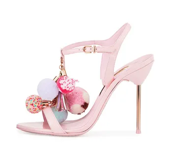 

2019 New Arrival Colorful Pom Pom Sandals Woman High Thin Heel Pink Chic Slingback Women Shoes Buckle Woman Gladiator Stiletto