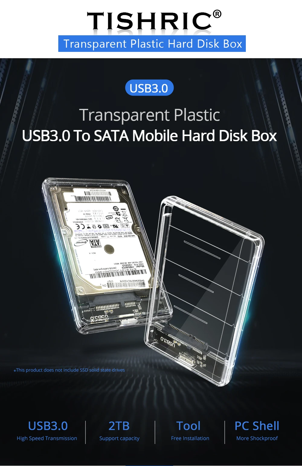 TISHRIC новейший Прозрачный USB 3,0 SSD чехол адаптер DVD HDD Sata к USB Caddy Optibay 9,5 мм 2,5 дюймов коробка жесткий диск корпус