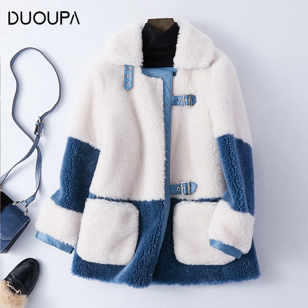Женское короткое пальто из овечьей шерсти DUOUPA комбинированное на осень и зиму