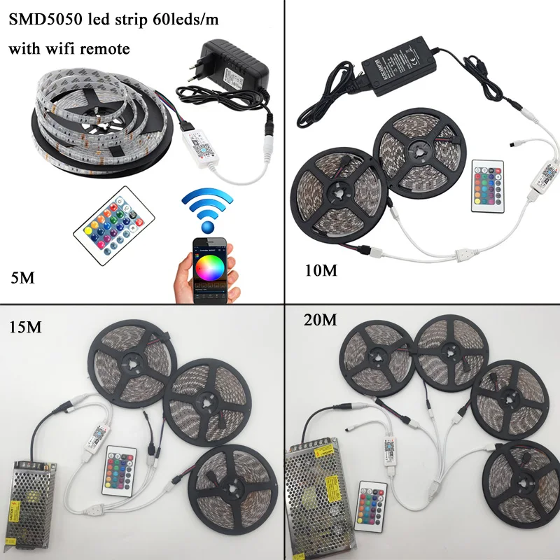 WiFi Светодиодная лента 5 М 5050 2835 DC 12 В 300 светодиодный RGB ленточный светильник