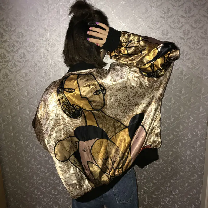Ideal Cheerart Harajuku Gold Jacket Print Satin Jacket Loose Designer Coats Glitter Thin Baseball Jacket