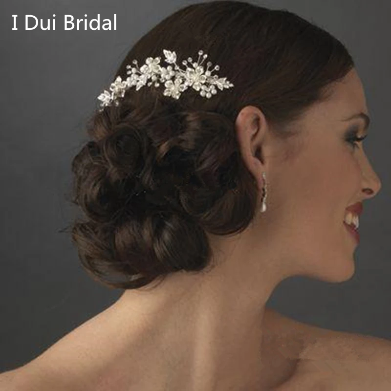 

Crystal Pearl Bridal Comb Handmade Bride Hair Accessory Silver Floral Gold Silver Two Color