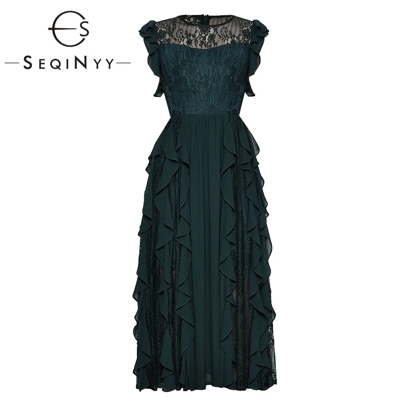 

SEQINYY Green Dress 2019 Summer New Fashion Design Sleeveless Ruffles Spliced Lace Flowers A-line Midi Dress