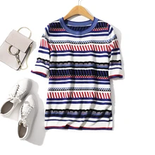 Новая Мода С Коротким Рукавом Футболки Цвет Полосы Круглый Воротник Футболки