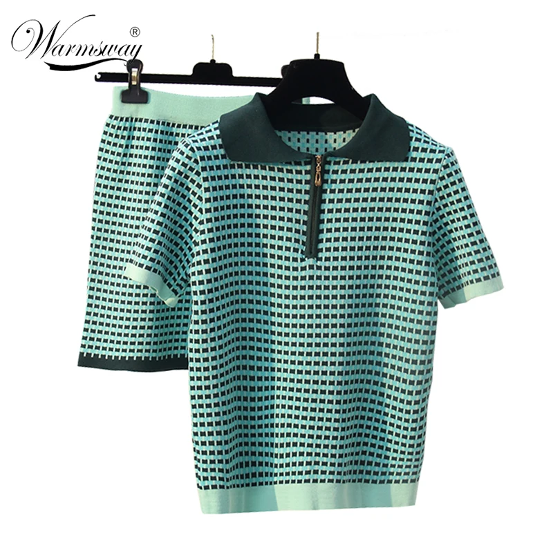 WARMSWAY Autumn Womens Contrast color Two Piece Sets  Zipper Sweater High Waist Plaid Skirt Short sleeve Casual Skirt Sets C-120