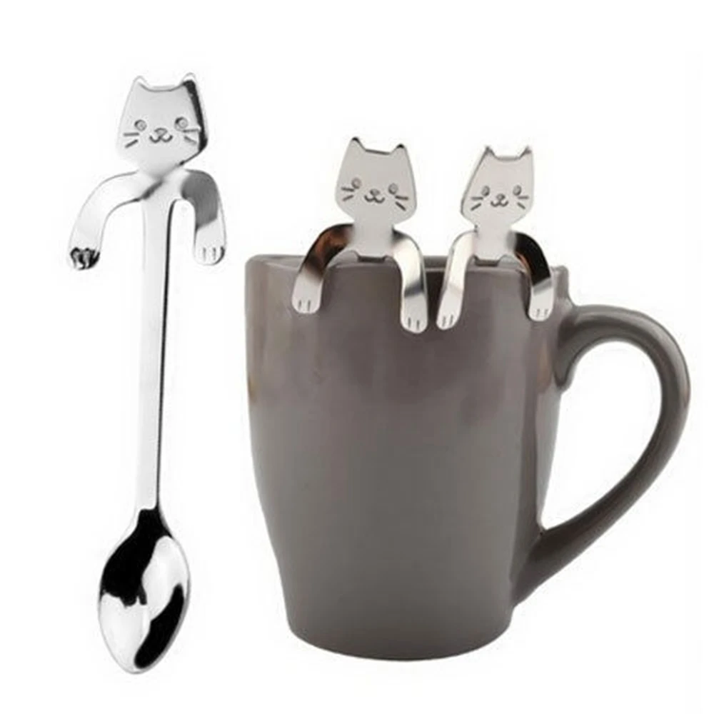 

1PCS Cartoon Silver Cat Stainless Steel Tea Coffee Spoon Ice Cream Cutlery Tableware Tea Coffee Stirring Spoon