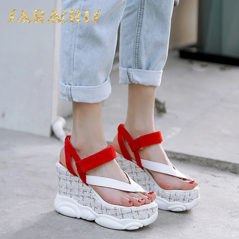 

Sarairis 2019 Genuine Leather Summer Sandals Leisure Shoes Woman Wedge High Heels Flat Platform Hot Sandals Woman Shoes