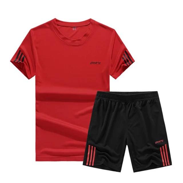 Red FK076 Новые летние комплекты, спортивный костюм с коротким рукавом, мужской комплект из двух предметов, футболки с принтом+ шорты, мужской повседневный спортивный костюм, одежда для бодибилдинга - Цвет: Red FK076