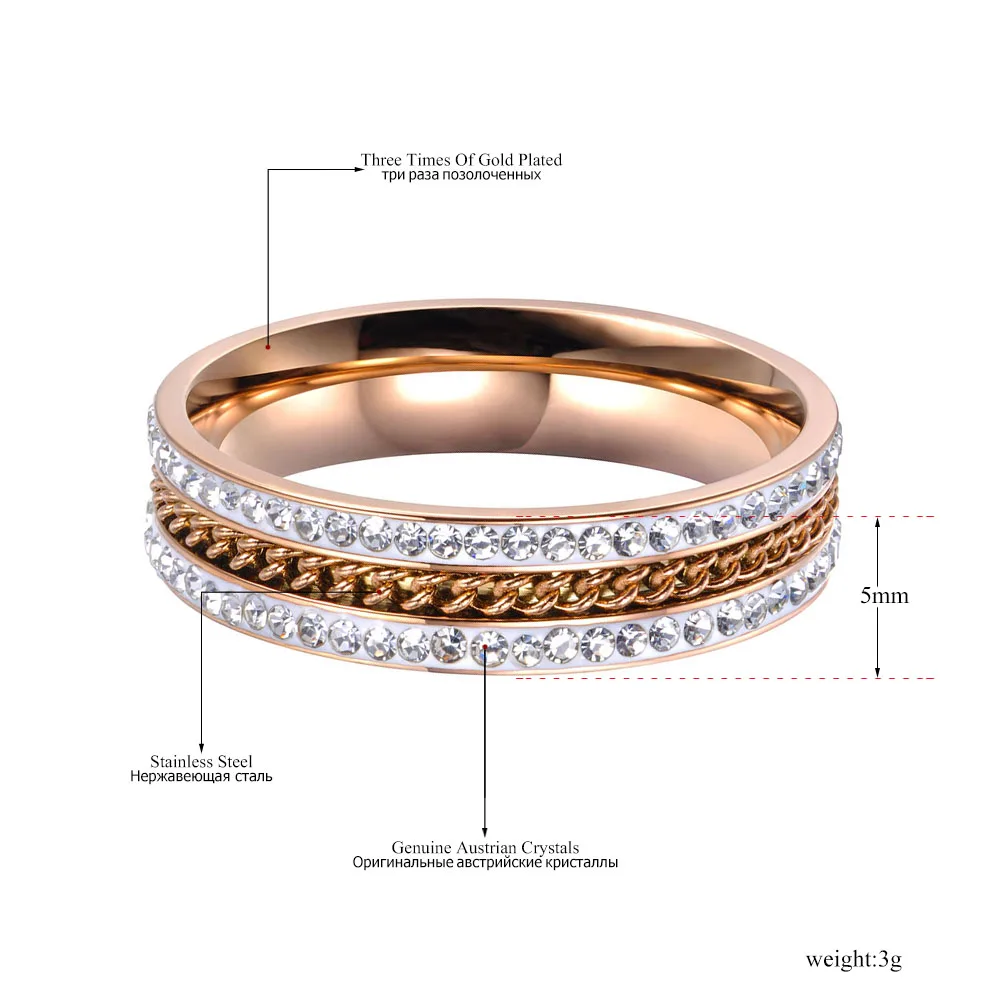 Lokaer новое розовое золото микро проложить горный хрусталь кольца на годовщину Ювелирные изделия 316L нержавеющая сталь цепь обручальное кольцо для женщин R19004