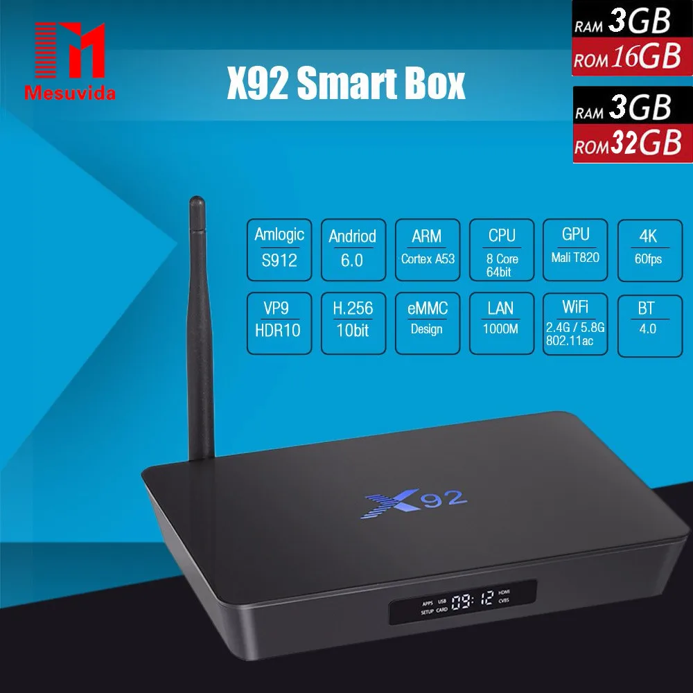 Prix pour Mesuvida X92 3G RAM 16/32 GB Smart TV Box Android6.0 2.4/5.8 GHz WiFi BT4.0 Smart Set Top Box Amlogic S912 4 K 3D Media Player Prix pour Mesuvida X92 3G RAM 16/32 GB Smart TV Box Android6.0 2.4/5.8 GHz WiFi BT4.0 Smart Set Top Box Amlogic S912 4 K 3D Media Player