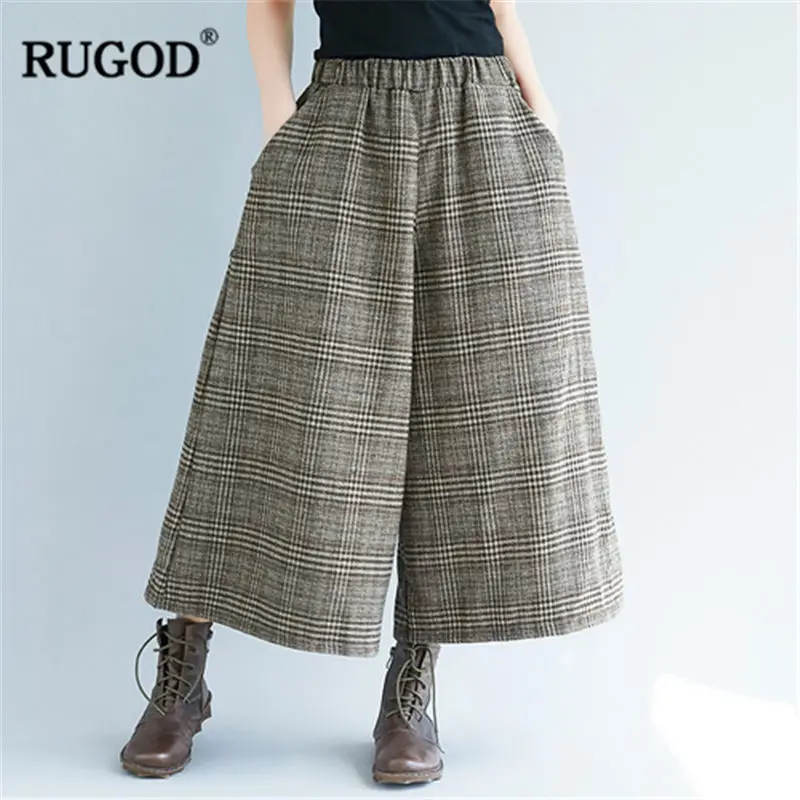 RUGOD 2019 Модные клетчатые женские брюки с высокой талией широкие повседневные