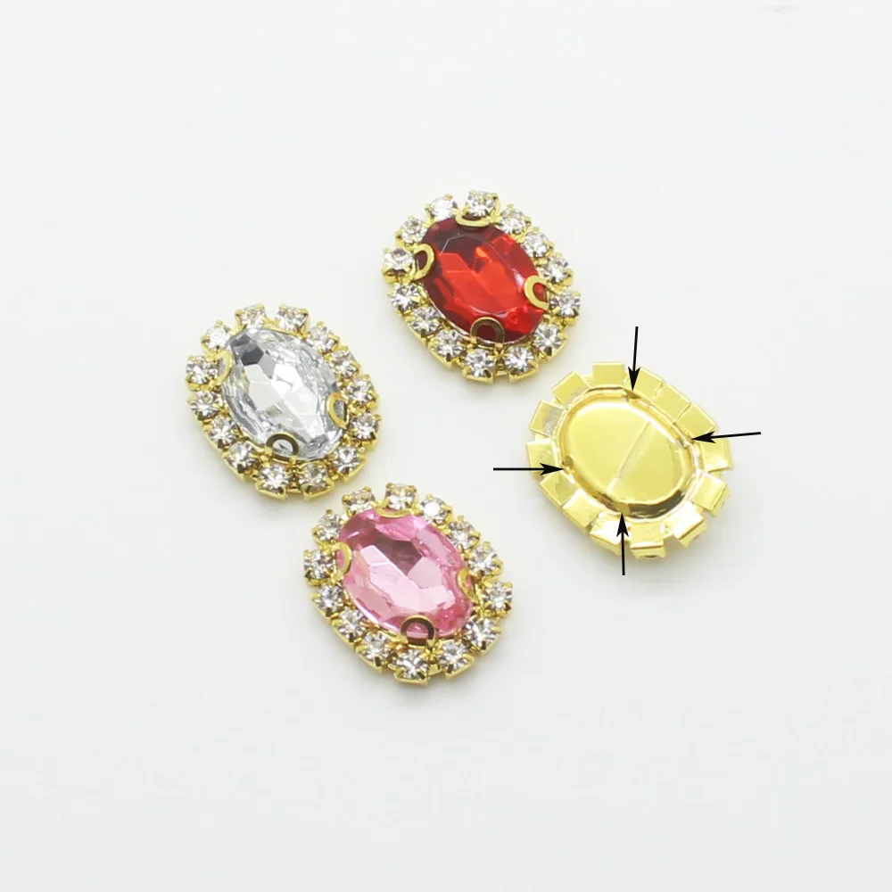 LKERAN 10pcs/lot 16*20mm oval Metal Buttons Rhinestone acrylic button Golden 4-hole sewing DIY Handwork clothing decoration 5