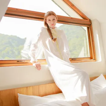 

Free Shipping 2015 New Autumn Women's Long White Pyjamas Home Cloth Bow Sleepwear 100% Cotton Nightgown