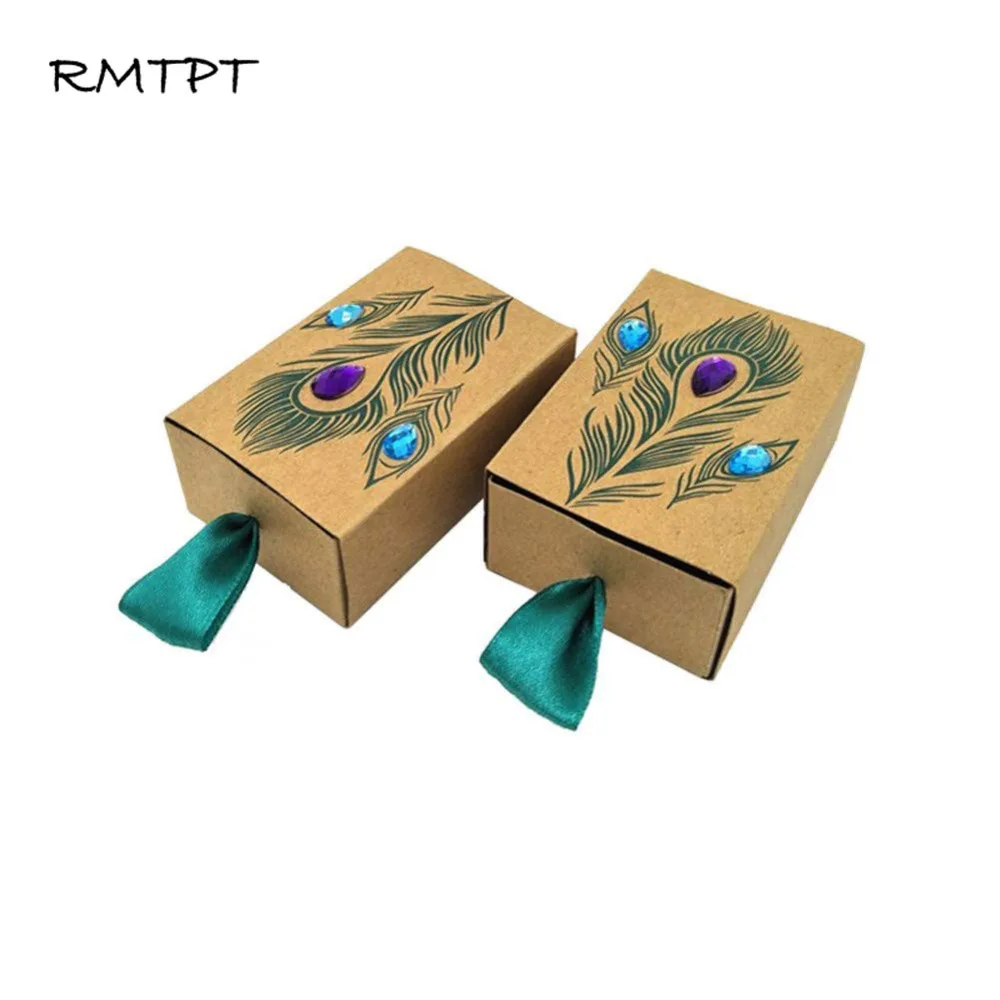 RMTPT 50 шт/л коробки для конфет с пером павлина, дизайнерские свадебные сувениры, искусственные стразы, крафт-бумага, подарочные коробки 7,5x5x3 см