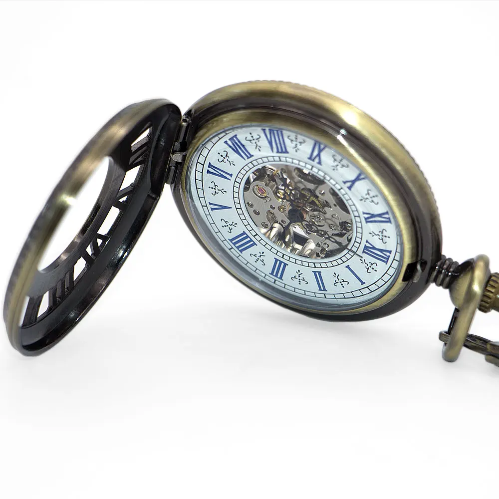 Модные мужские карманные часы, римская цифра, резьба, полые, прозрачные, синие, римские цифры, аналоговые, повседневные, механические, Fob часы