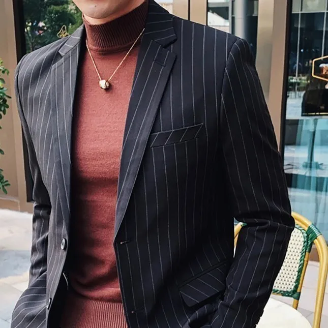 black Blazer only Деловые мужские костюмы, нарядные брюки, свадебные мужские серые смокинги, черные мужские костюмы в полоску Terno Masculino, приталенный Блейзер/брюки - Цвет: black Blazer only