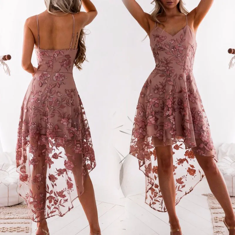 

2018 Summer Elegant Women Dresses Sexy Lace Spliced Irregular Sleeveless V Neck Sling Party Dress Female Clothing